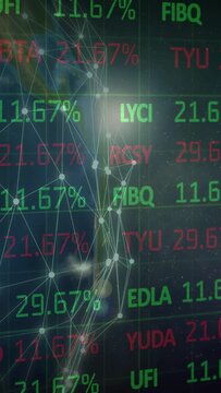 Vertical video: Flare pulse starting globe nodes glowing and ticker scrolling to show market data