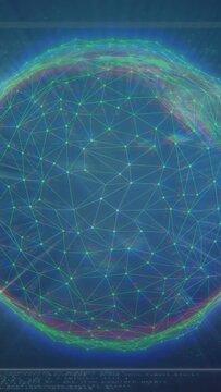 Vertical video: Offframe neon beams sweeping mesh globe, pulsing nodes, tracing routes for HUD