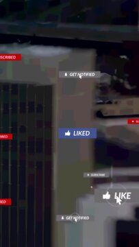 Vertical video: Cursor near LIKE badge causing LIKED flip, badges floating, stacking to show growth