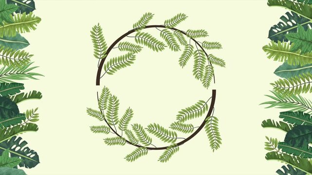 Green tropical leaves framing circular empty space for text, slow motion animated background.