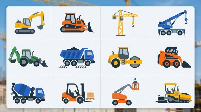 A collection of construction vehicles, including excavators, cranes, and dump trucks, arranged in a grid pattern on a construction site backdrop.
