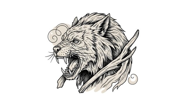 Aggressive Wolf Head Illustration with Intricate Tribal Elements for Detailed Monochrome Tattoo Design or Graphic Art
