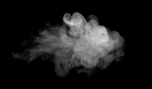 White smoke cloud isolated on black background with realistic fog texture, vapor effect, mist overlay and abstract dust explosion for graphic design, cinematic visual effects and creative editing.