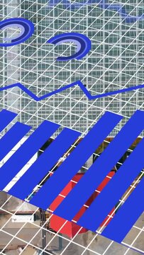 Vertical video: Data ping activating grid and blue bars sliding growing showing trends over roofs