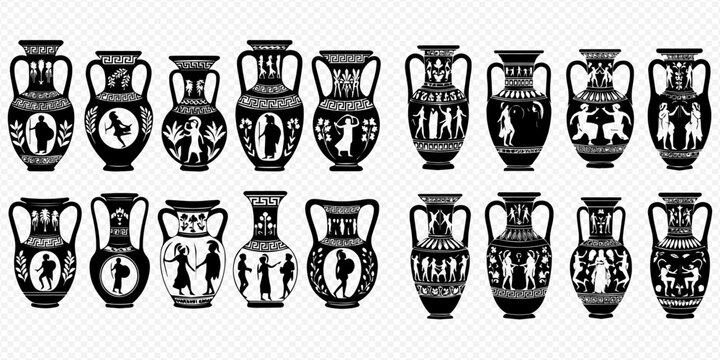 Set of ancient Greek amphorae and vases with mythological scenes and geometric patterns, black and white silhouettes.