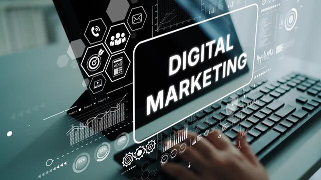 Dynamic Digital Marketing Concepts with Hands on Keyboard and Interactive Data Visualizations Displayed on Screen. Asymptotic smart data analytic.