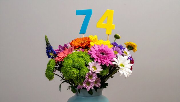 Vibrant Flower Bouquet with Number 74 for Birthday or Anniversary Celebration