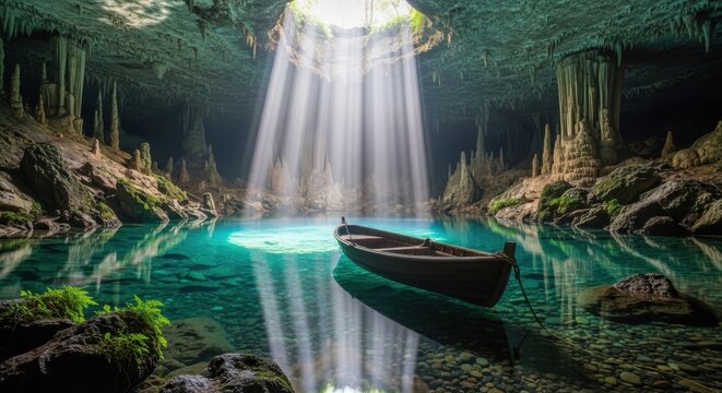 Boat in a cave with sunbeams
