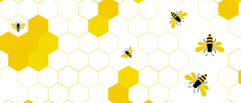 Honeycomb and flying bee background. A bee flying pattern. Background bee flying honeycomb. Flying Bees Creating Honey Pattern Background. Busy Flying Bees on a Golden Yellow Background with Honeycomb