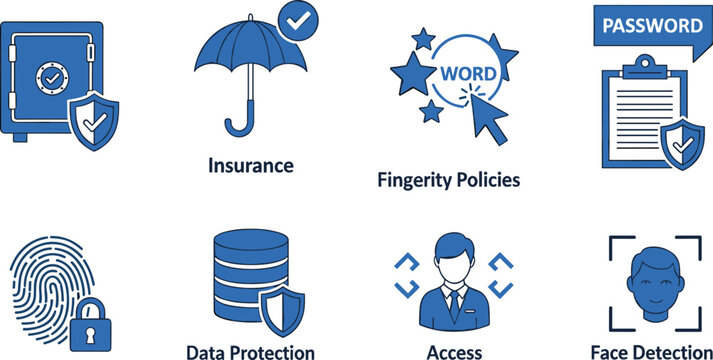 Vector set of security and data privacy icons illustrating insurance password management and face detection technology tools.