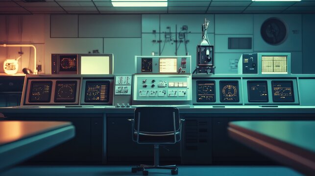 Control room featuring multiple monitors displaying data and complex systems, with an empty chair inviting a scientist to operate the advanced technology and analyze information