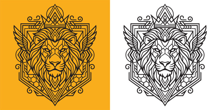 Heraldic Lion Head Emblem with Wings and Crown Geometry