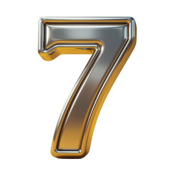 Shiny Metallic Number Seven Typography Render Isolated on Transparent Background