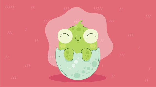 Cute cartoon baby dinosaur hatching from egg on pink background with motion graphics and floating particles.
