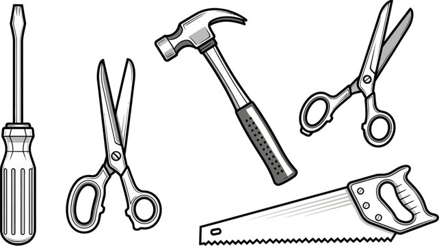 Collection of black and white hand tools including a screwdriver, two pairs of scissors, a hammer, and a saw