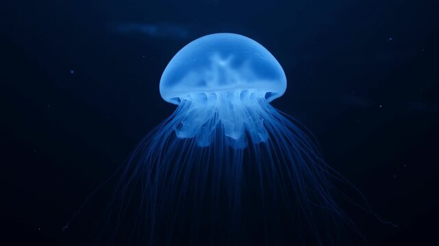 Blue Jellyfish Swimming Gracefully in Deep Dark Ocean Water with Glowing Tentacles