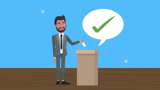 Man casting vote into ballot box with checkmark for successful election concept.