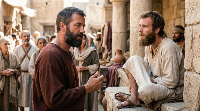 Saint Paul the Apostle preaching to a crippled man in Lystra. Biblical scene depicting the miracle of healing. Ancient world setting, religious faith and divine grace concept.
