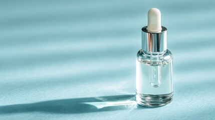 Naklejka premium Clear liquid serum in glass dropper bottle on blue background with shadows