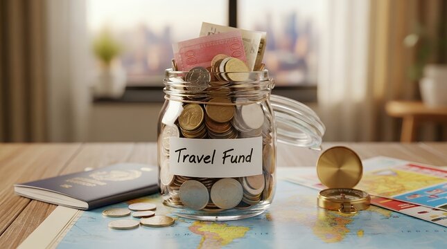 Travel fund savings jar with coins and banknotes