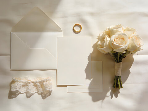 Wedding stationery flat lay with a bouquet of white roses, a ring, a garter, and envelopes, bathed in soft sunlight