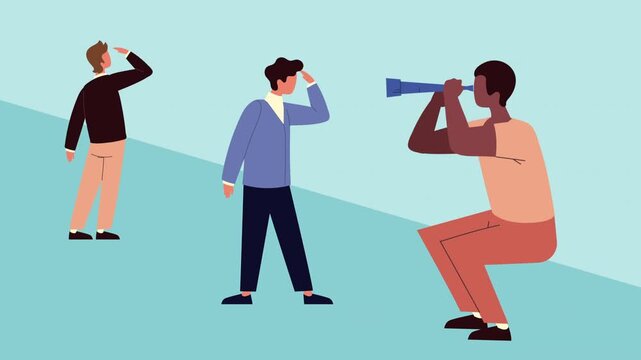Business people searching for opportunities with telescope and hand vision gesture in animated video.