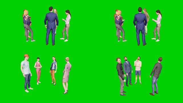 3d people man on green screen chroma key background animated character mixed age group walks together on in varied attire perfect for compositing animation production editing motion