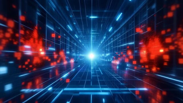 Futuristic digital tunnel with blue neon lights and a glowing core moving through cyberspace, surrounded by red particles representing data breach, firewall, or a computer virus threat