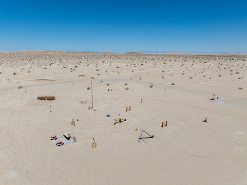 High angle drone lonely playground facility in California desert