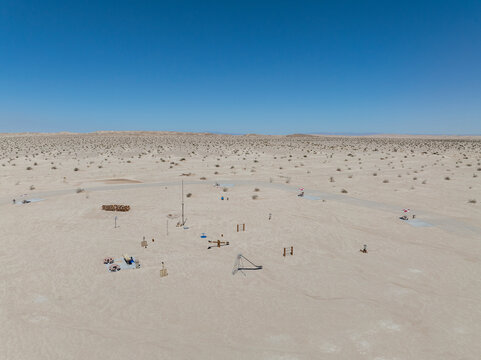Wide aerial perspective recreational desert rest stop playground