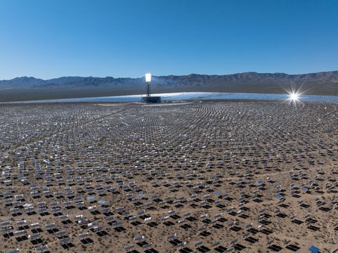 High angle drone view of the Ivanpah Solar Power Facility