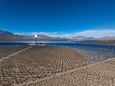 Drone panorama of multiple solar power towers