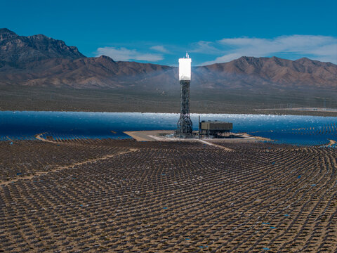 Aerial perspective solar tower surrounded by heliostat mirrors