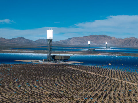 Elevated view of solar power towers expansive mirror arrays