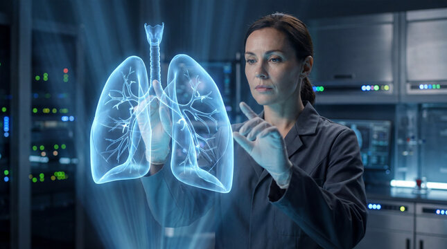 A female researcher in a lab coat uses interactive 3D holographic technology to examine human lungs for medical diagnosis and respiratory science.