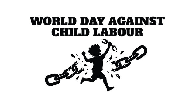 Silhouette of a young child breaking heavy metal chains to symbolize freedom from forced labor