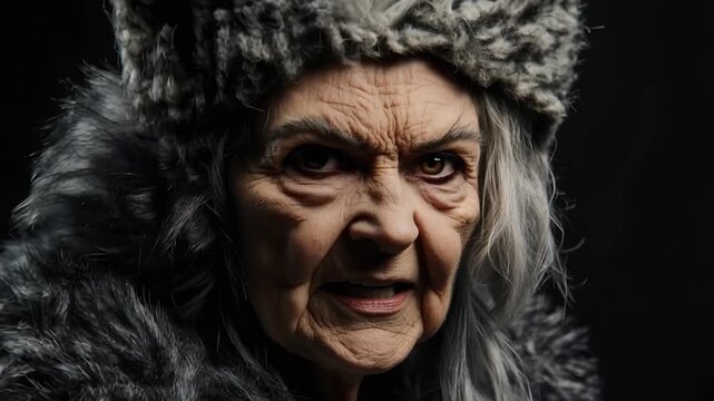 Senior woman wearing a furry wolf hat with ears, isolated on a black background, rotating and displaying a wide range of intense emotions, from contemplative sadness to aggressive anger