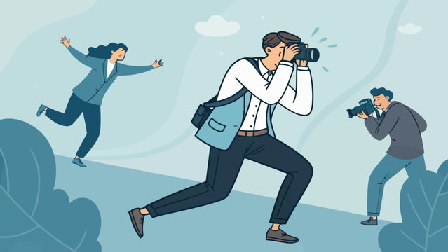 Paparazzi photographers chasing subjects with cameras and recorder photographer paparazzi reporter journalist movement illustration lifestyle vigilant searching documentary daylight