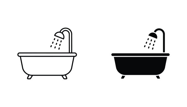 Bathtub with shower head silhouette icon set for bathroom interior design and plumbing service branding materials