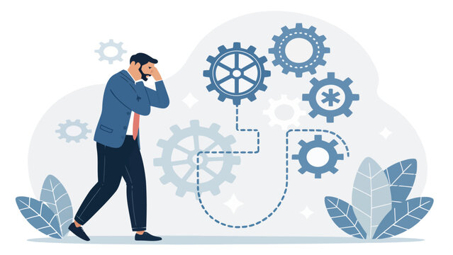 Man in suit contemplating interconnected gears symbolizing complex business processes or problem-solving business strategy thinking mechanics cogwheel industry decision management analysis