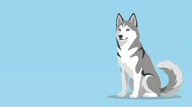 Siberian Husky dog vector illustration with modern flat cartoon style on blue background, elegant sitting canine pet artwork for branding, posters, wallpapers and digital design.