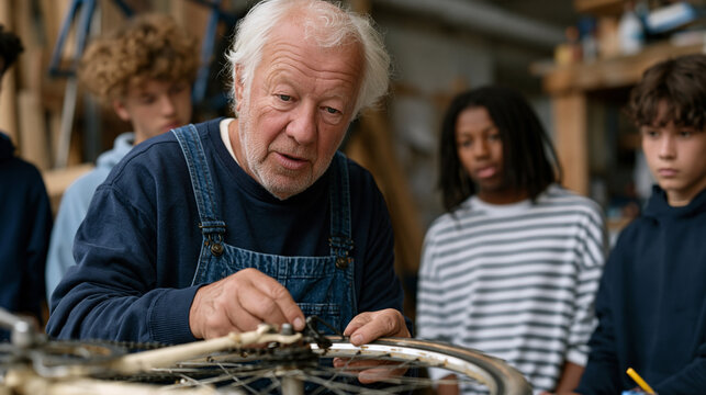 Retired mechanical engineer volunteer repairing donated bicycle at community skills workshop surrounded by neighborhood teenagers watching process in action as he explains derailleur adjustment tech
