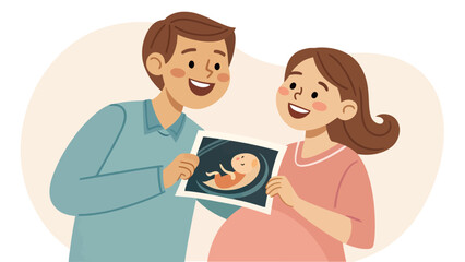 Obraz premium Man and pregnant woman happy showing ultrasound image of baby with child development pregnant ultrasound sonogram expecting happiness anticipation parenthood maternity healthcare new life