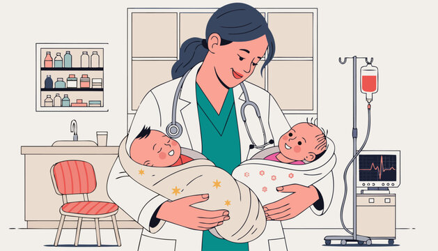 Doctor holding newborn twins medical examination room background medical staff doctor s office medical equipment hospital healthcare pediatrician professional wellbeing medicine stethoscop