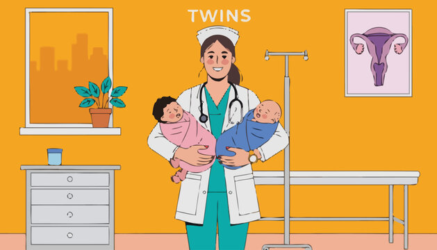 Nurse holding twin babies with medical equipment and uterus diagram medical staff doctor s office hospital healthcare pediatrician professional wellbeing medicine obstetrics gynecology