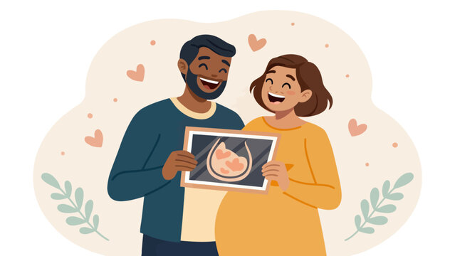 Smiling couple viewing ultrasound image of pregnant belly excited parents child development pregnancy ultrasound sonogram expecting happiness anticipation parenthood maternity healthcare