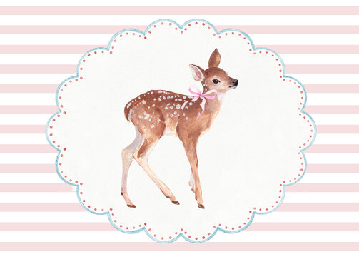 Cute Baby Deer Watercolor Illustration with Bow in Decorative Frame on Striped Background, Cottagecore Woodland Animal Design for Nursery Decor, Baby Shower, Cards and Prints