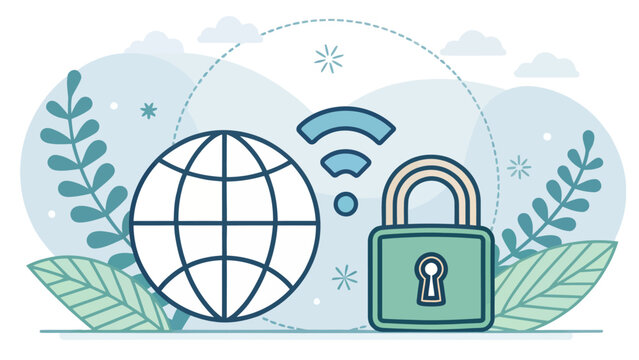 Globe padlock wi-fi symbol representing digital security and connectivity with flat design security internet connection protection wireless communication technology information illustration