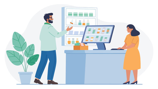 Man showing products on shelf to woman at pharmacy counter with computer flat design medicine cabinet pharmacy medicine drugstore pharmacist customer healthcare computer products assistant