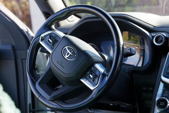 Ulyanovsk, Russia - May 2, 2026: Interior of a Toyota Land Cruyser 300 car with steering wheel and dashboard.